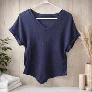 Women's Dark Blue V-Neck Ribbed Tee